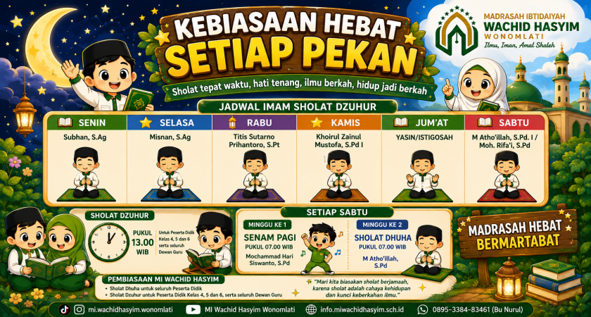 PEMBIASAAN SHOLAT BERJAMAAH DAN KEGIATAN RUTIN PEKANAN DI MI WACHID HASYIM WONOMLATI