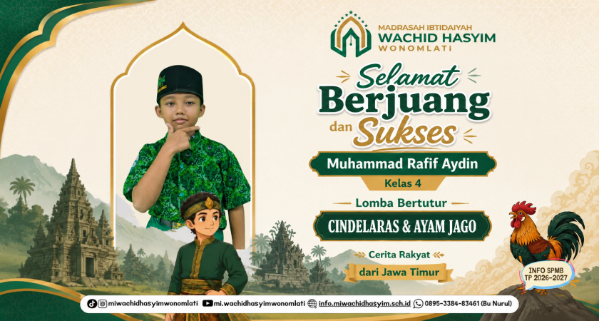 MUHAMMAD RAFIF AYDIN SISWA MI WACHID HASYIM TAMPIL PERCAYA DIRI DALAM LOMBA BERTUTUR KABUPATEN SIDOARJO 2026 DENGAN MEMBAWAKAN “CINDELARAS DAN AYAM JAGO”